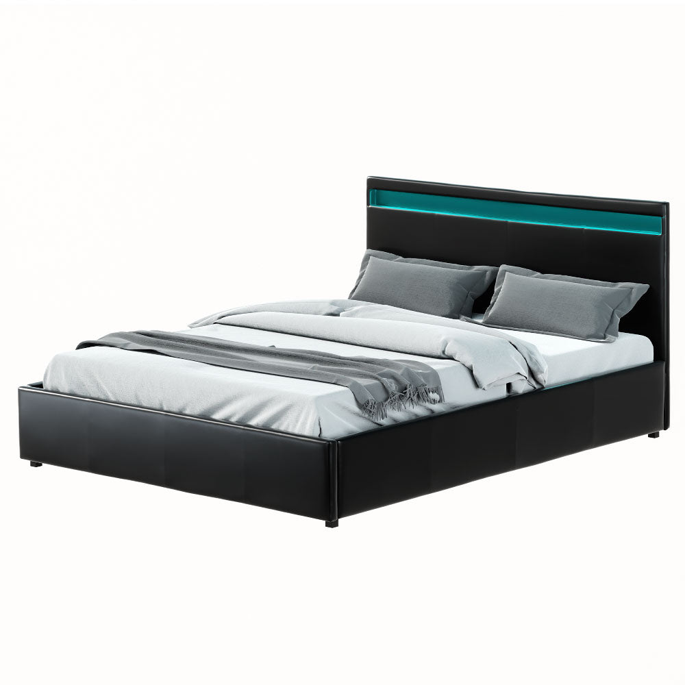 Crafted Comforts  Bed Frame Queen Size LED Gas Lift Black COLE