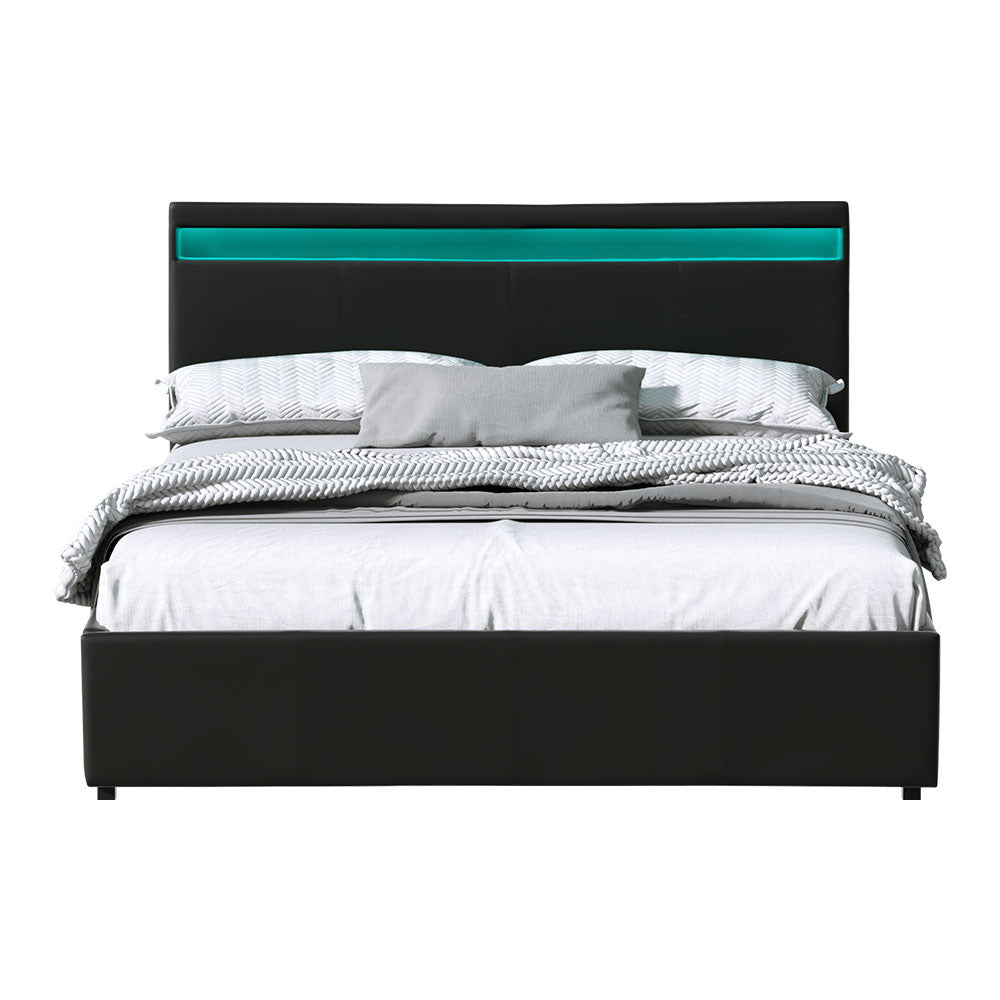 Crafted Comforts  Bed Frame Queen Size LED Gas Lift Black COLE