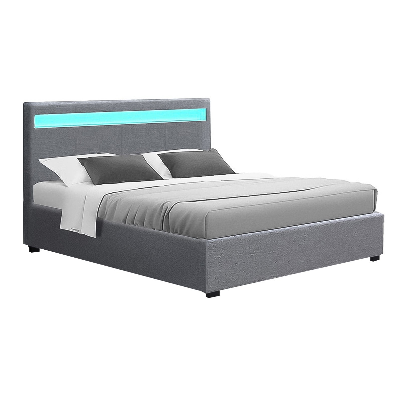 Crafted Comforts  Bed Frame Queen Size LED Gas Lift Grey COLE