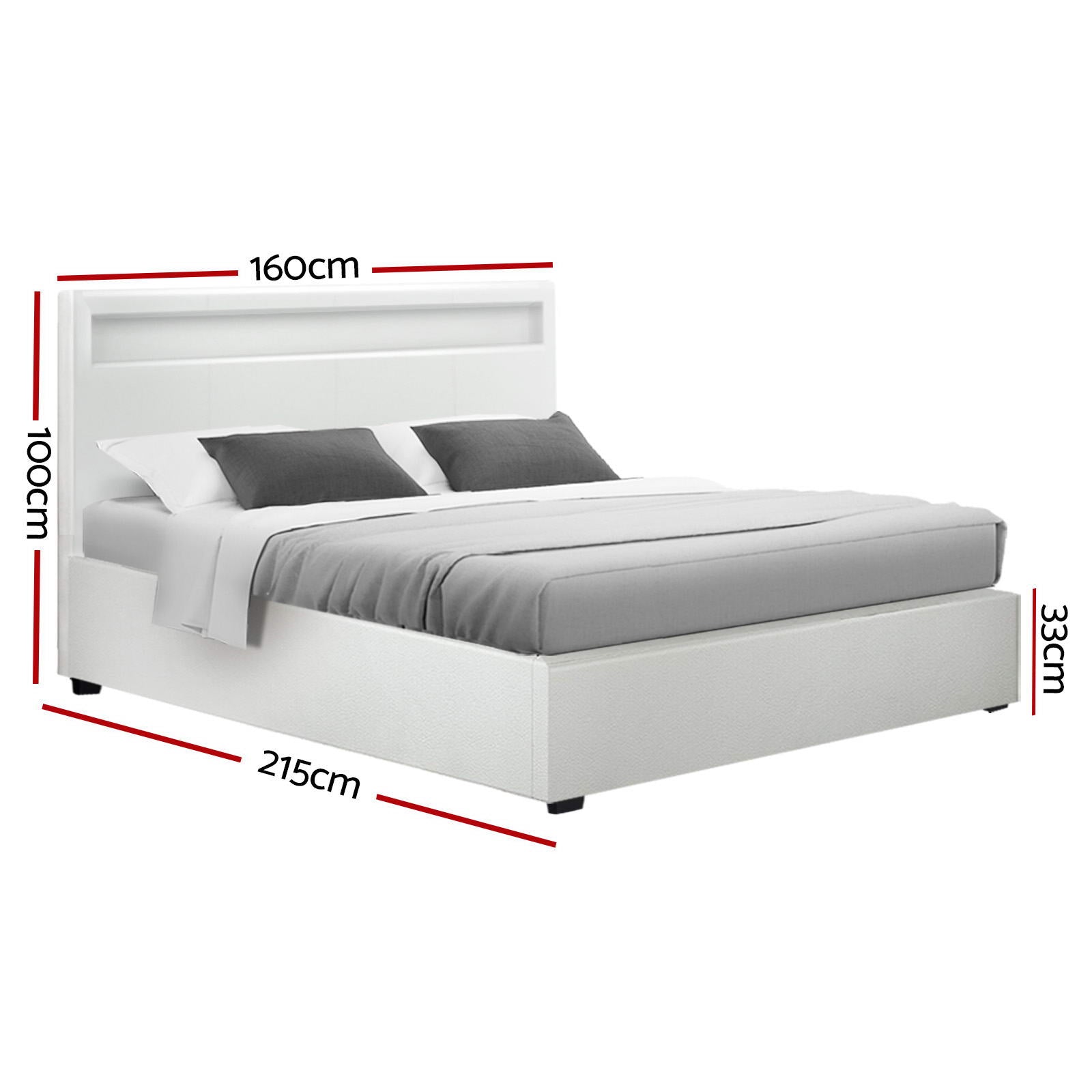 Crafted Comforts  Bed Frame Queen Size LED Gas Lift White COLE