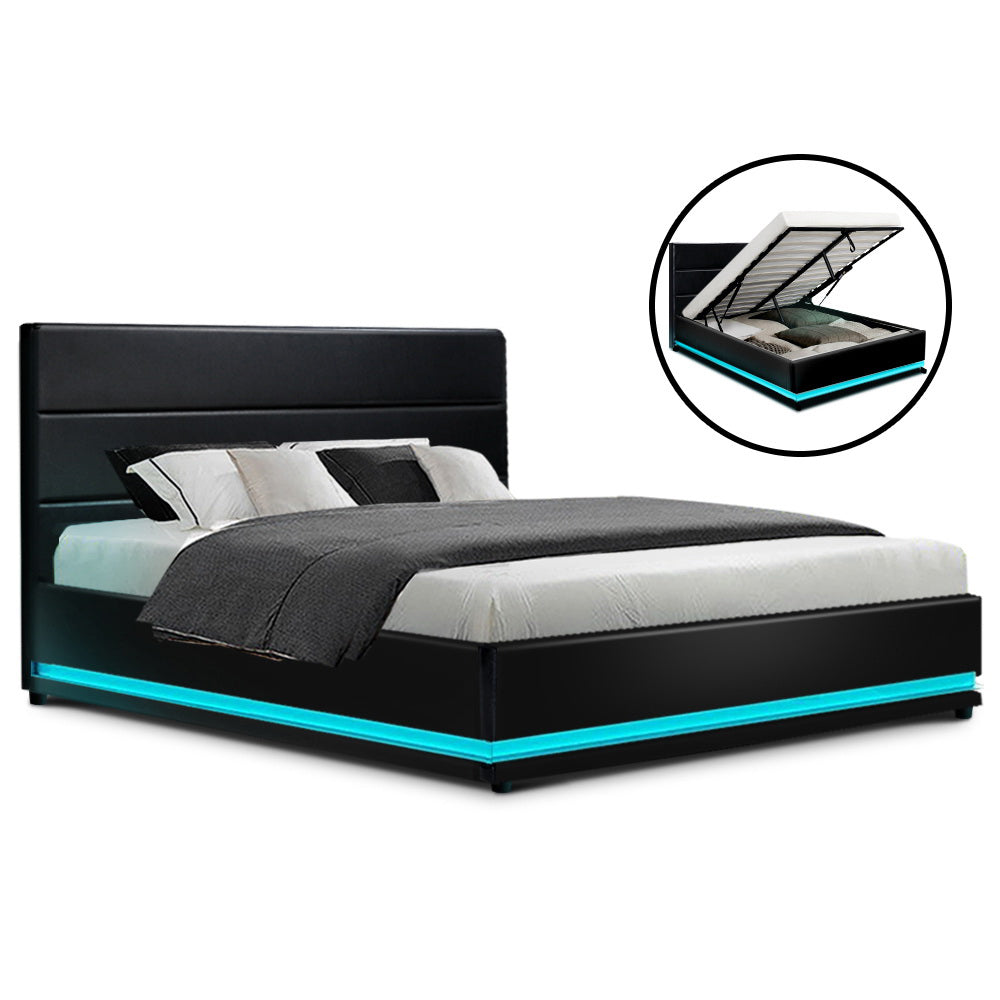 Crafted Comforts  Bed Frame Double Size LED Gas Lift Black LUMI