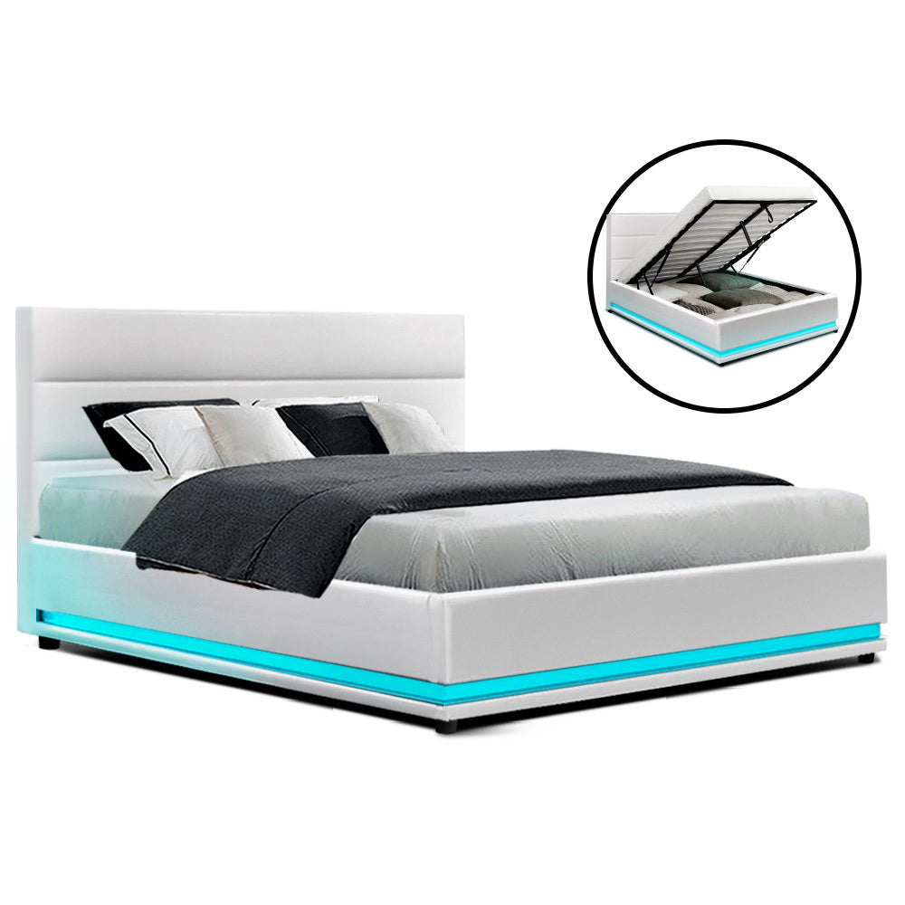 Crafted Comforts  Bed Frame Double Size LED Gas Lift White LUMI