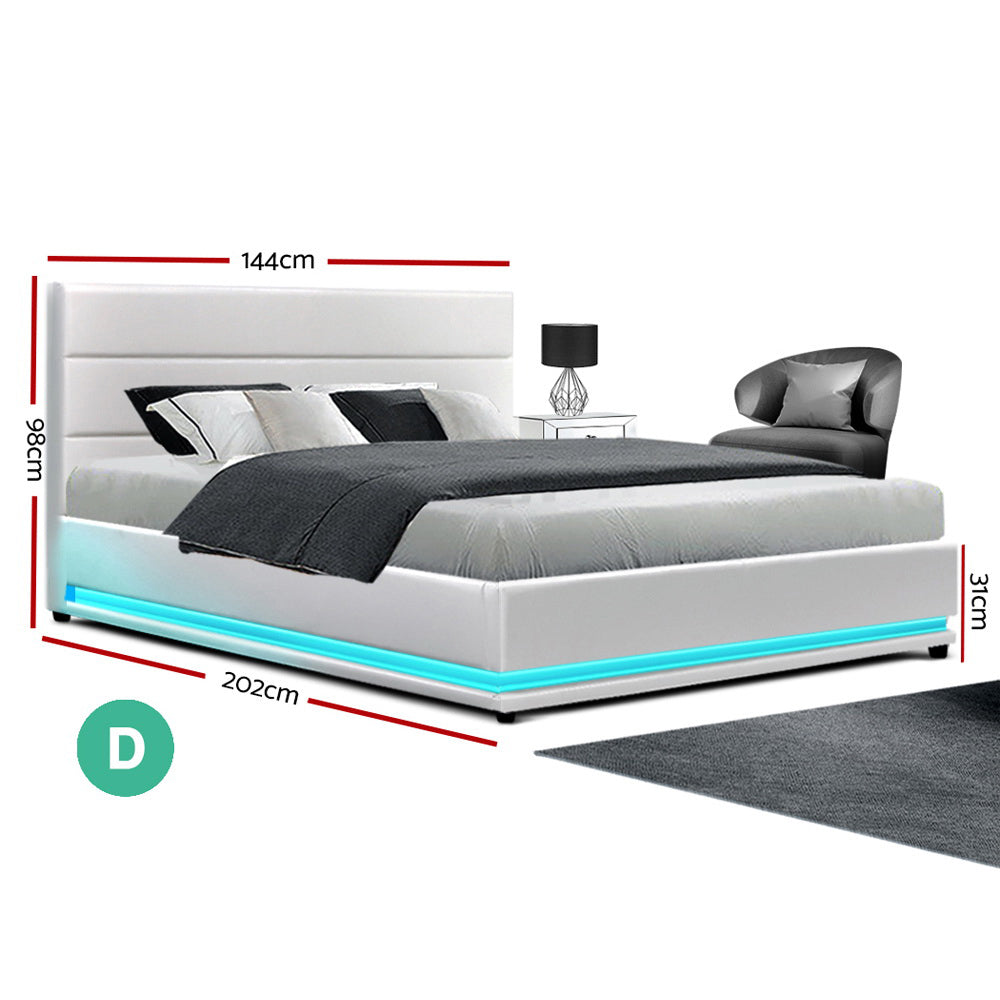 Crafted Comforts  Bed Frame Double Size LED Gas Lift White LUMI