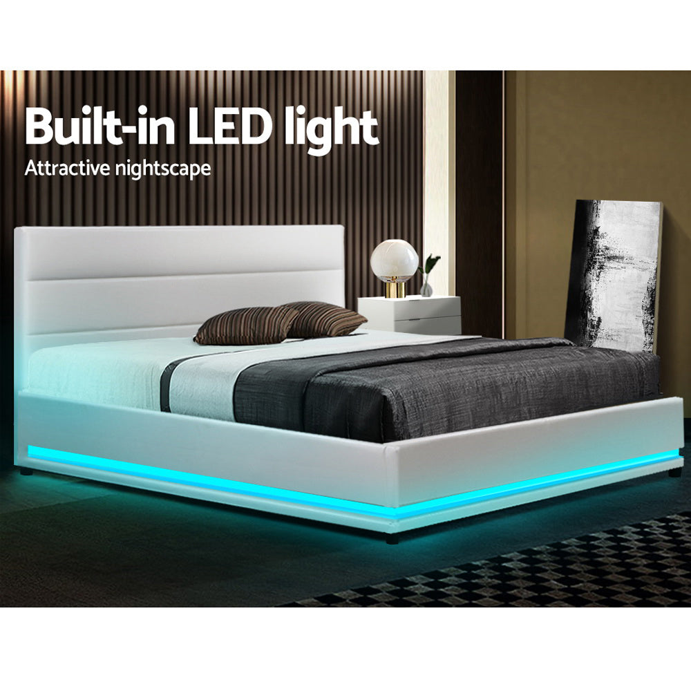Crafted Comforts  Bed Frame Double Size LED Gas Lift White LUMI