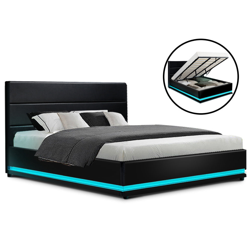 Crafted Comforts  Bed Frame King Size LED Gas Lift Black LUMI