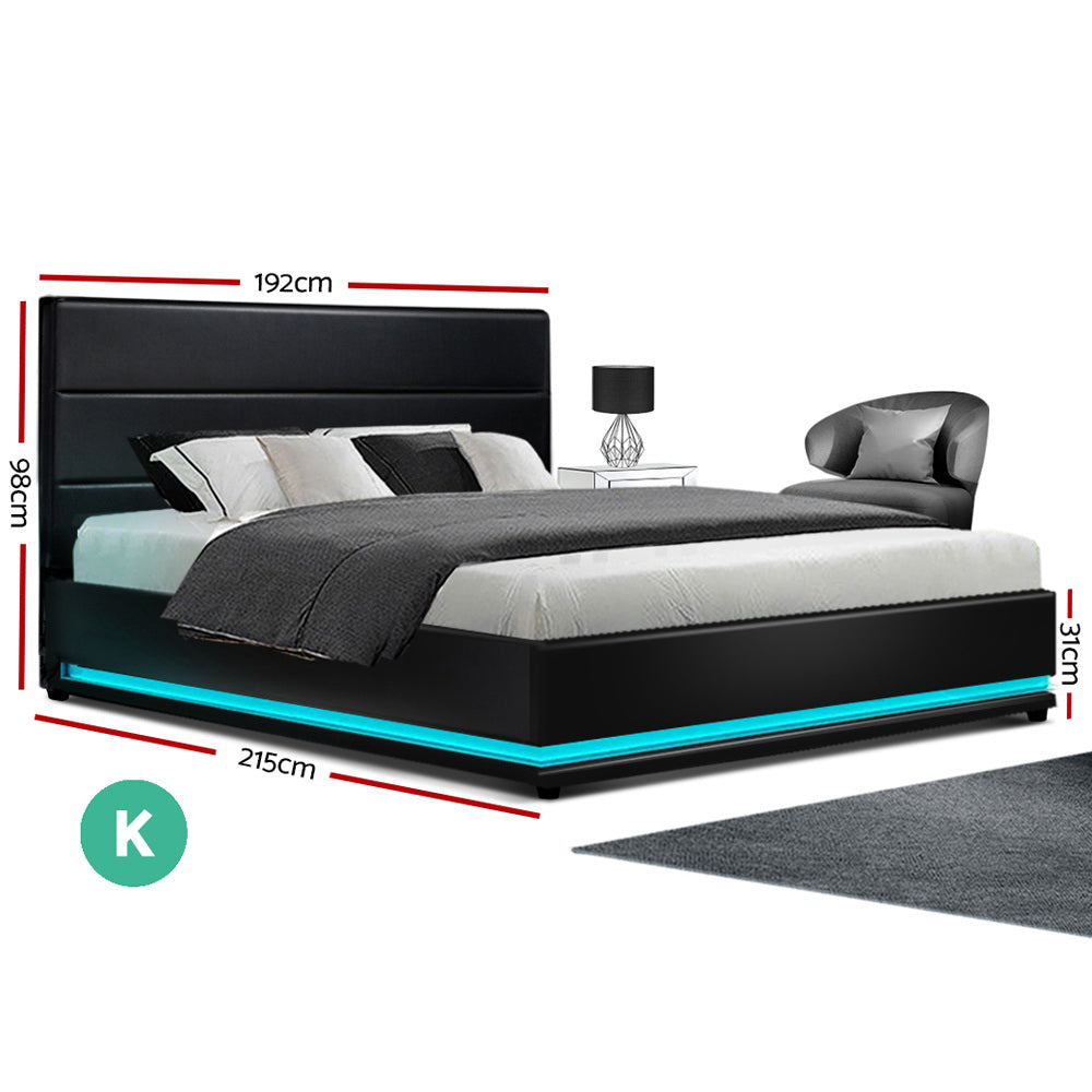 Crafted Comforts  Bed Frame King Size LED Gas Lift Black LUMI