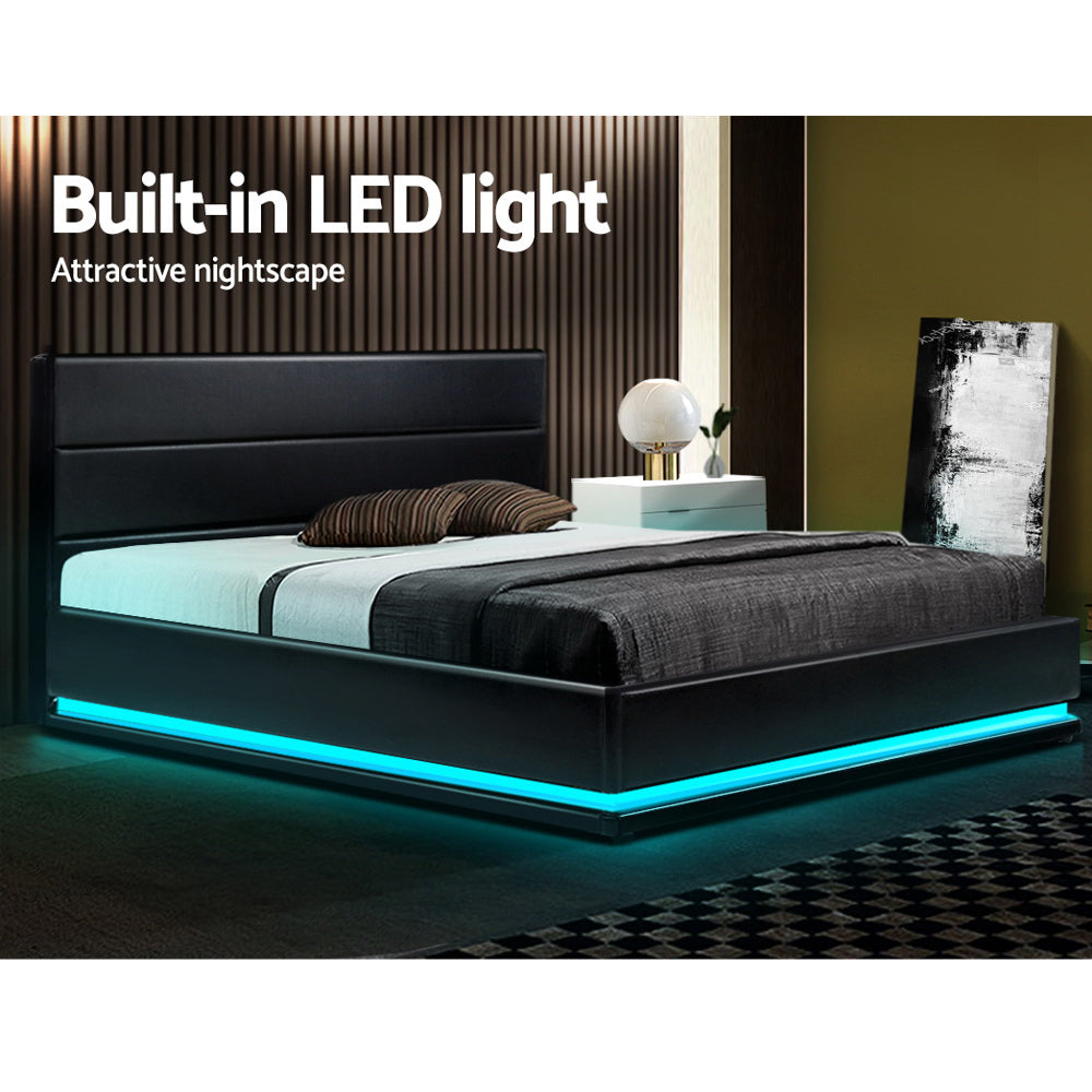 Crafted Comforts  Bed Frame King Size LED Gas Lift Black LUMI