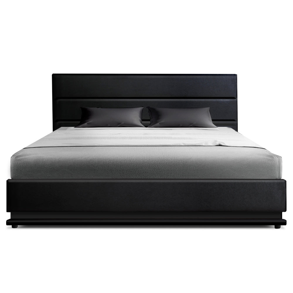 Crafted Comforts  Bed Frame Queen Size LED Gas Lift Black LUMI