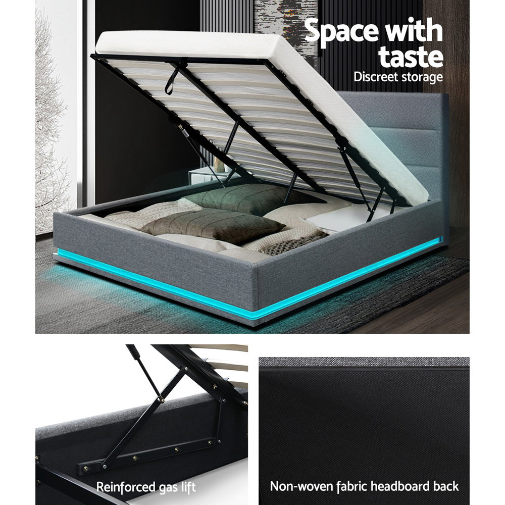 Crafted Comforts  Bed Frame Queen Size LED Gas Lift Grey LUMI