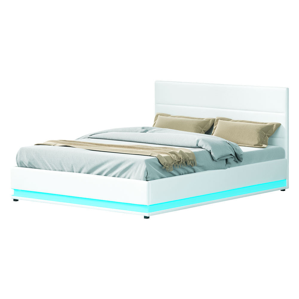 Crafted Comforts  Bed Frame Queen Size LED Gas Lift White LUMI