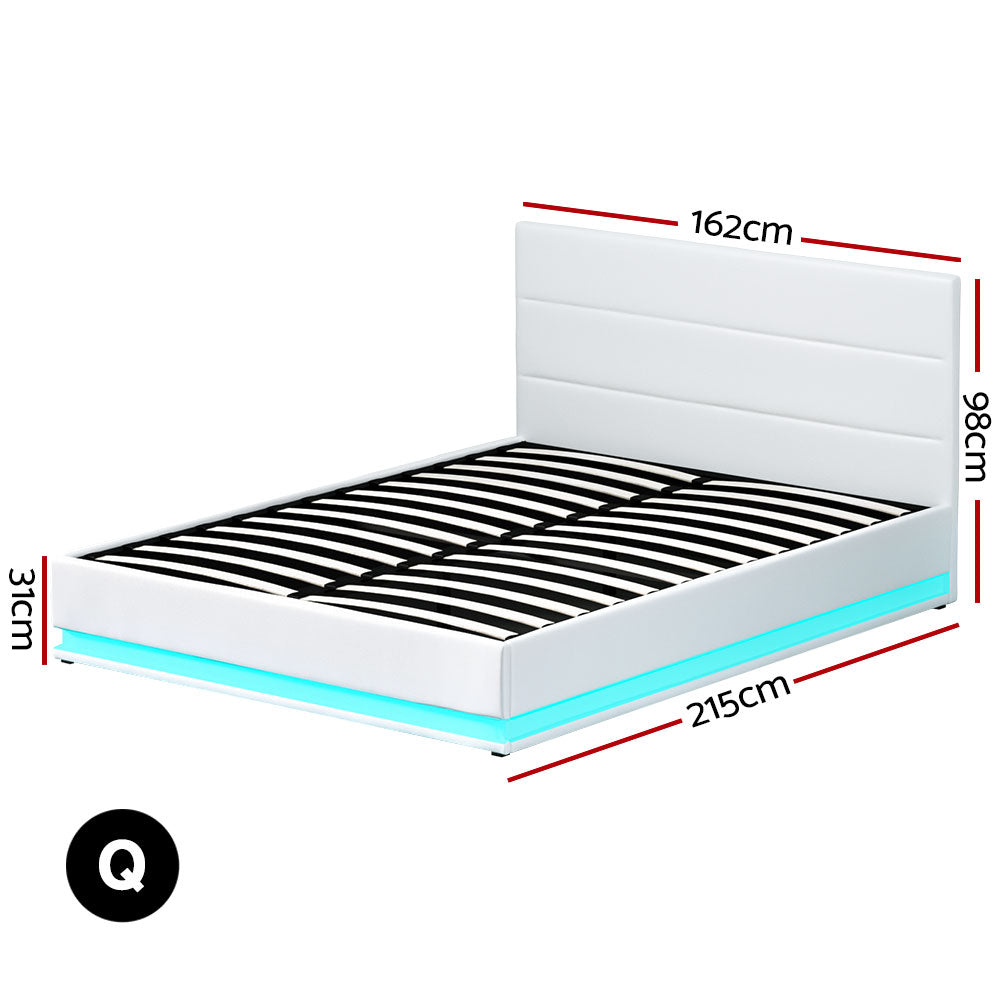 Crafted Comforts  Bed Frame Queen Size LED Gas Lift White LUMI