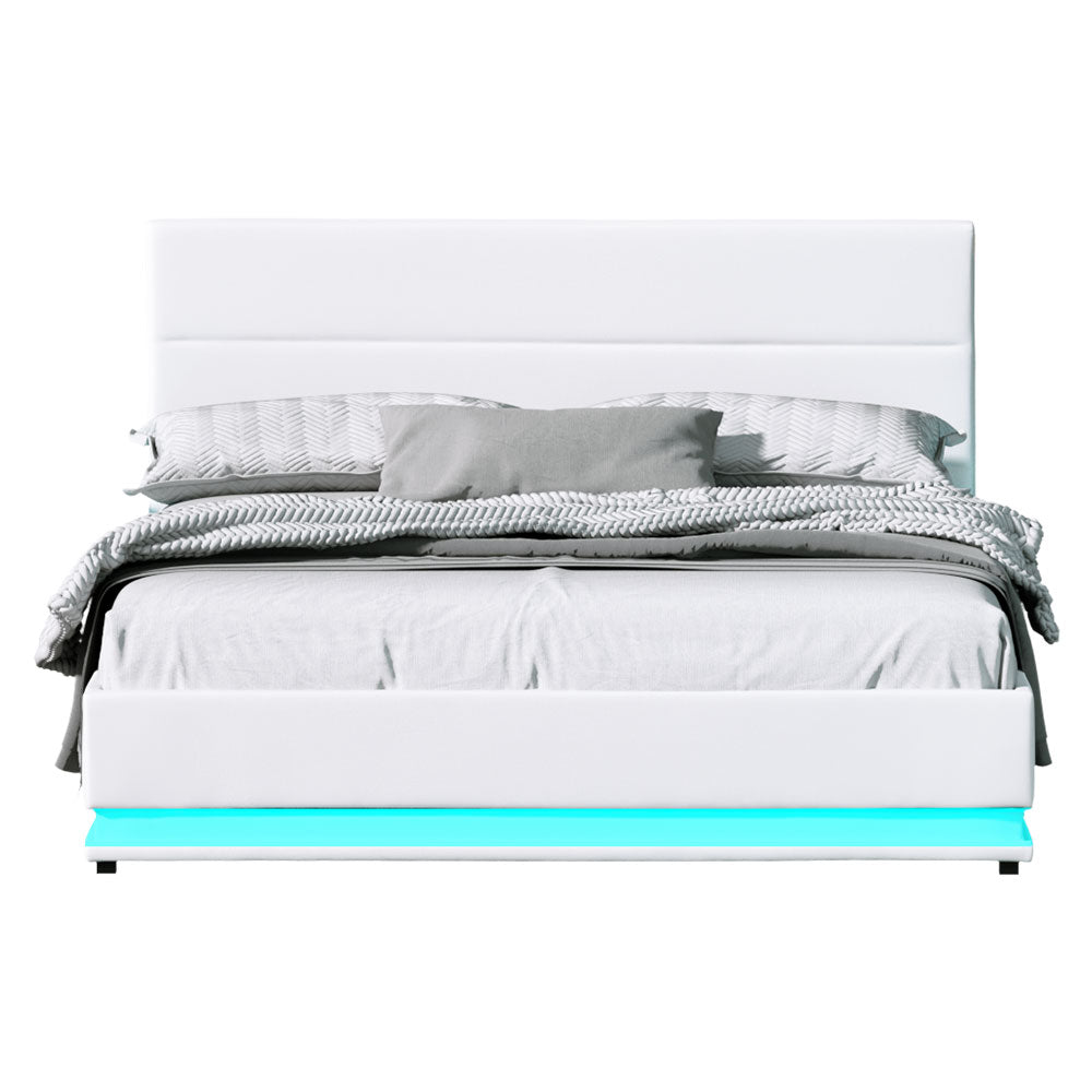 Crafted Comforts  Bed Frame Queen Size LED Gas Lift White LUMI