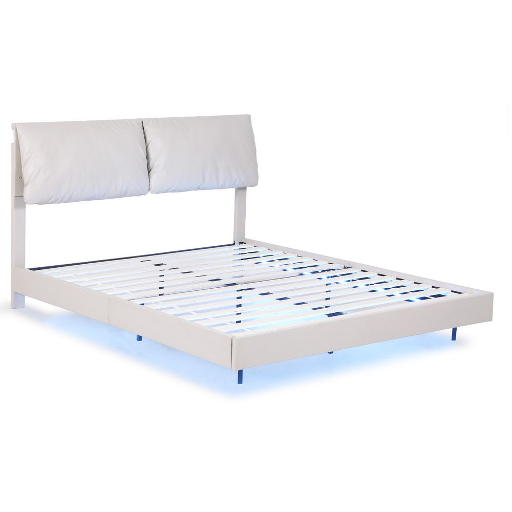 Crafted Comforts  Queen Bed Frame RGB LED Floating Beds Adjustable Headboard Beige White