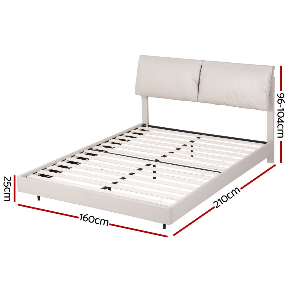 Crafted Comforts  Queen Bed Frame RGB LED Floating Beds Adjustable Headboard Beige White