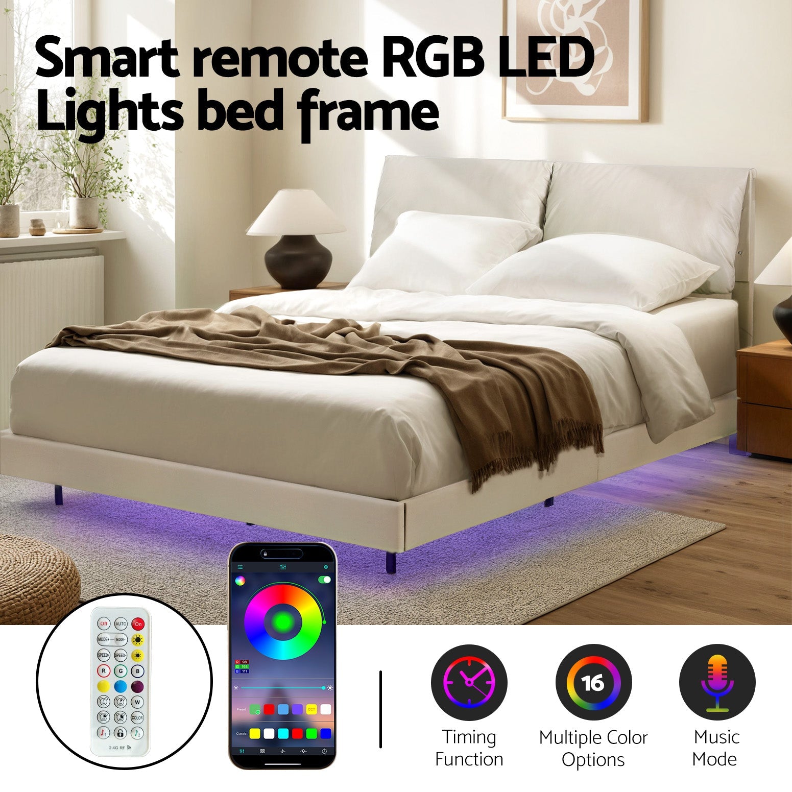 Crafted Comforts  Queen Bed Frame RGB LED Floating Beds Adjustable Headboard Beige White