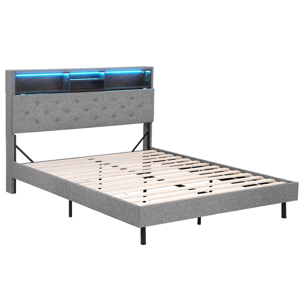 Crafted Comforts  Bed Frame Double Size LED Mattress Base Platform with Storage Shelf Hidden Storage Box Grey