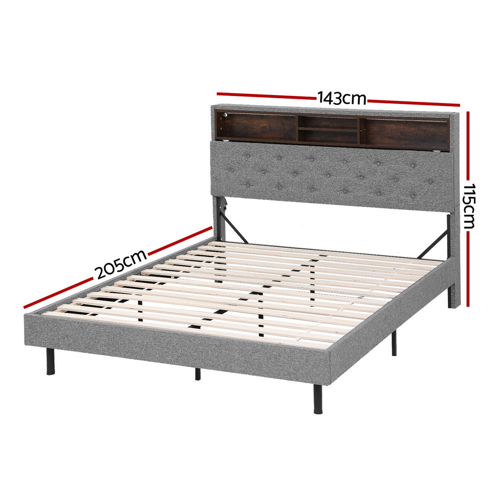 Crafted Comforts  Bed Frame Double Size LED Mattress Base Platform with Storage Shelf Hidden Storage Box Grey