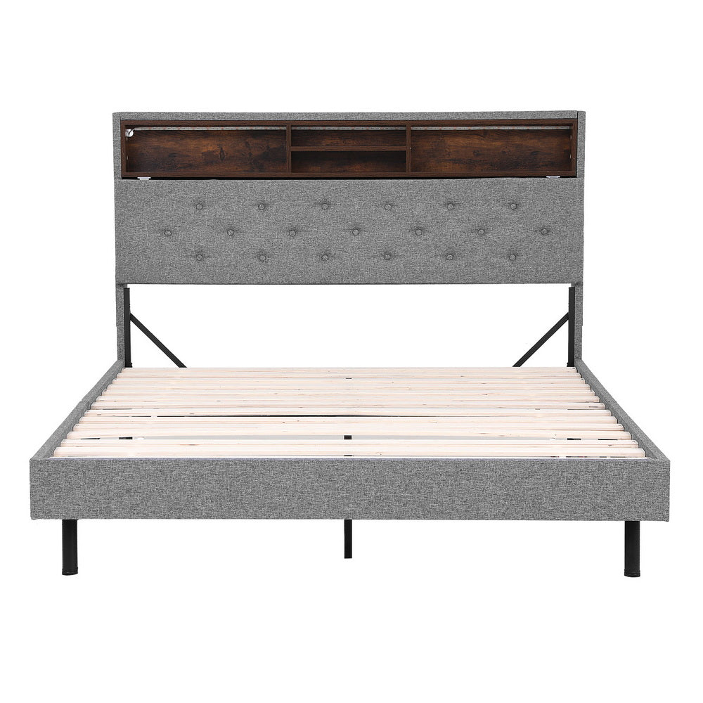 Crafted Comforts  Bed Frame Double Size LED Mattress Base Platform with Storage Shelf Hidden Storage Box Grey