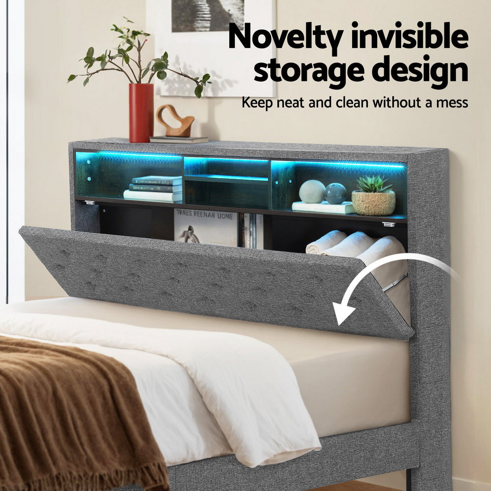 Crafted Comforts  Bed Frame Double Size LED Mattress Base Platform with Storage Shelf Hidden Storage Box Grey