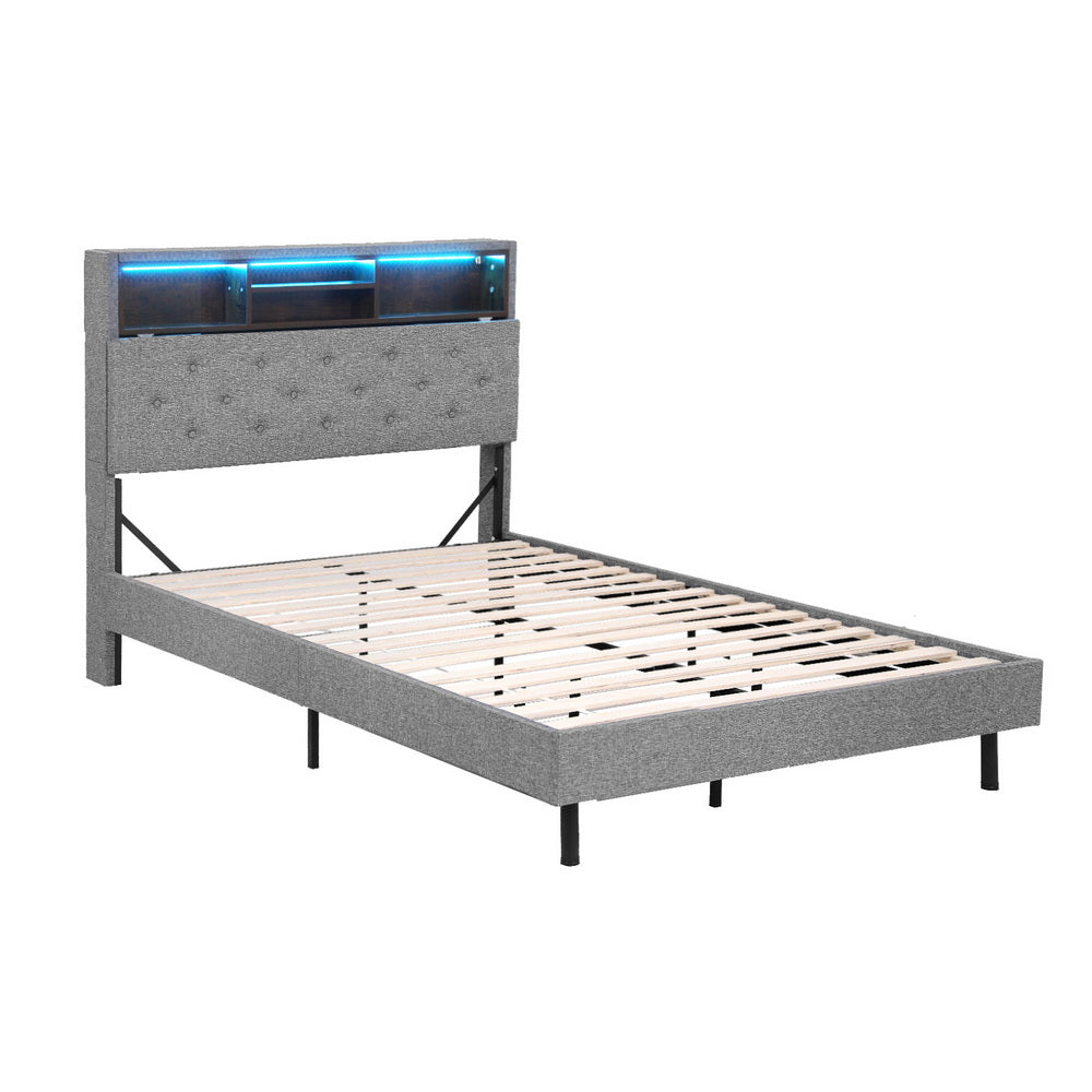Crafted Comforts  Bed Frame King Single Size LED Mattress Base Platform with Storage Shelf Hidden Storage Box Grey
