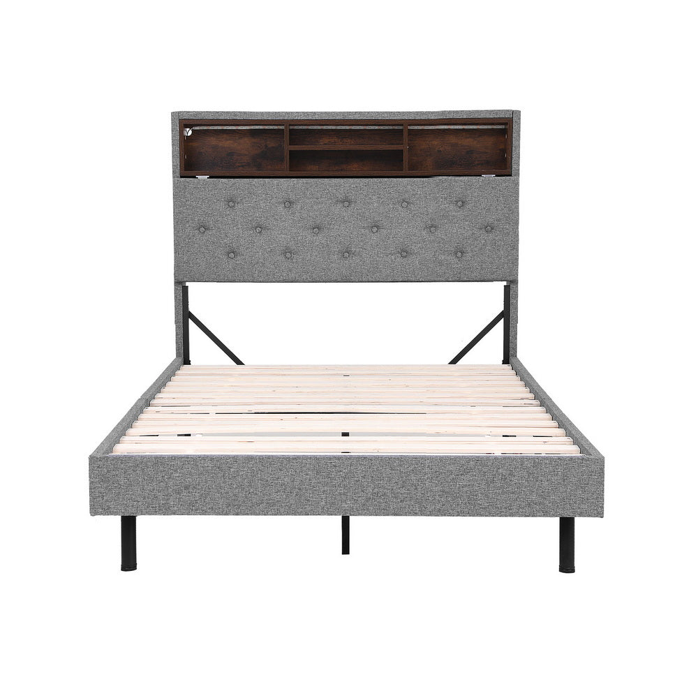 Crafted Comforts  Bed Frame King Single Size LED Mattress Base Platform with Storage Shelf Hidden Storage Box Grey