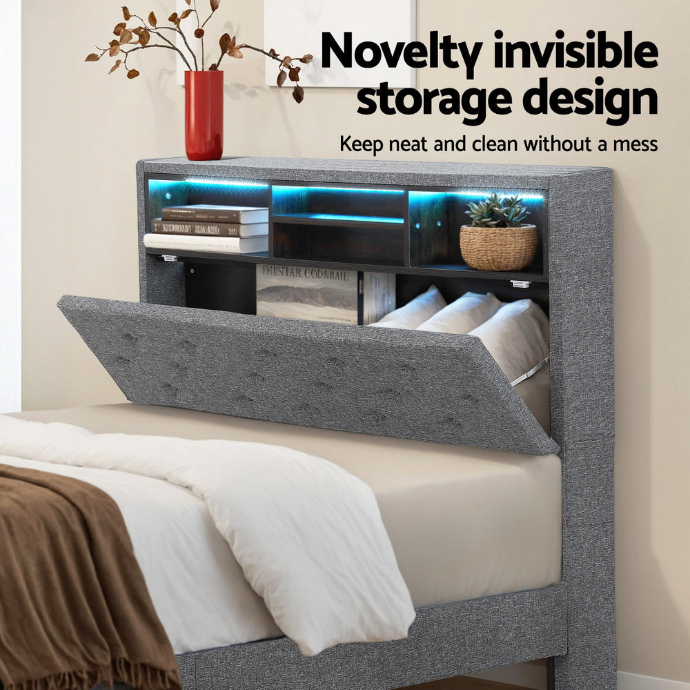 Crafted Comforts  Bed Frame King Single Size LED Mattress Base Platform with Storage Shelf Hidden Storage Box Grey