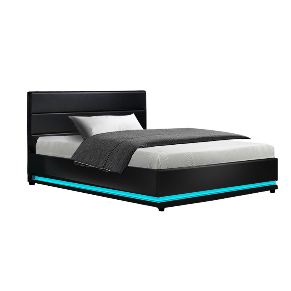 Crafted Comforts  Bed Frame King Single Size LED Gas Lift Black LUMI