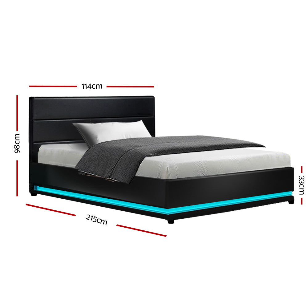 Crafted Comforts  Bed Frame King Single Size LED Gas Lift Black LUMI