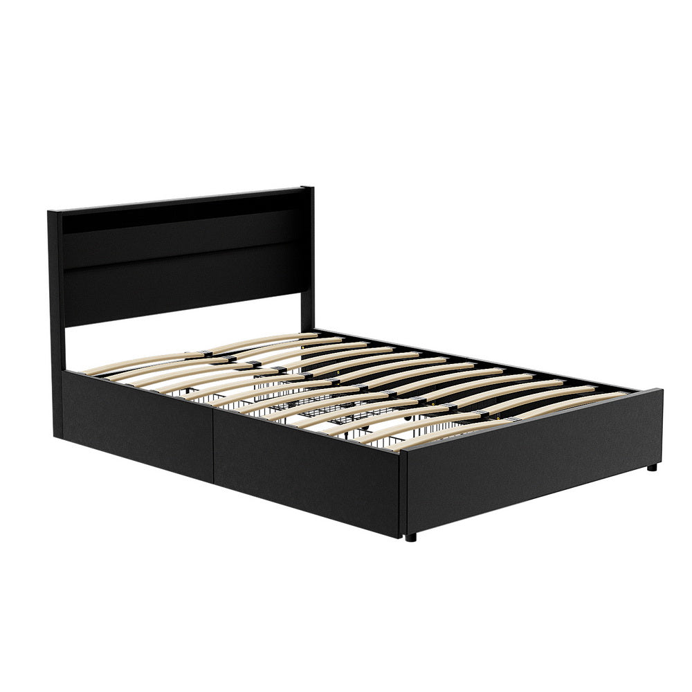 Crafted Comforts  Bed Frame Double Size LED with 4 Drawers Black DUNN
