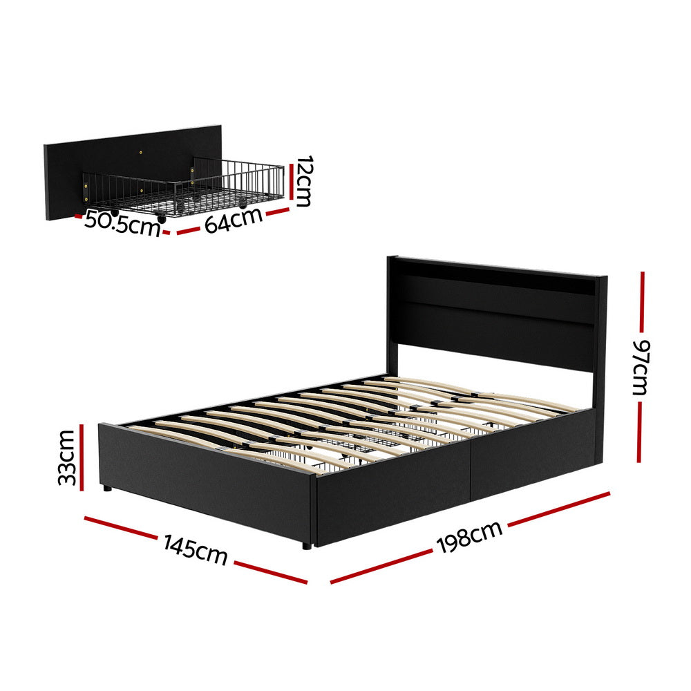 Crafted Comforts  Bed Frame Double Size LED with 4 Drawers Black DUNN