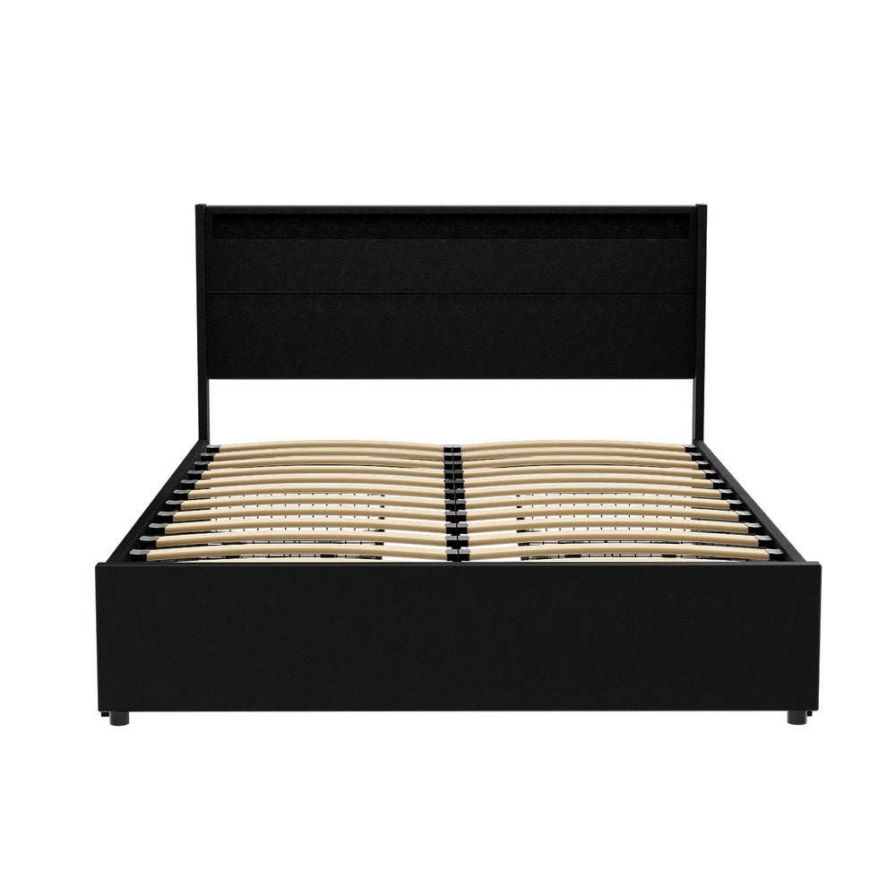 Crafted Comforts  Bed Frame Double Size LED with 4 Drawers Black DUNN