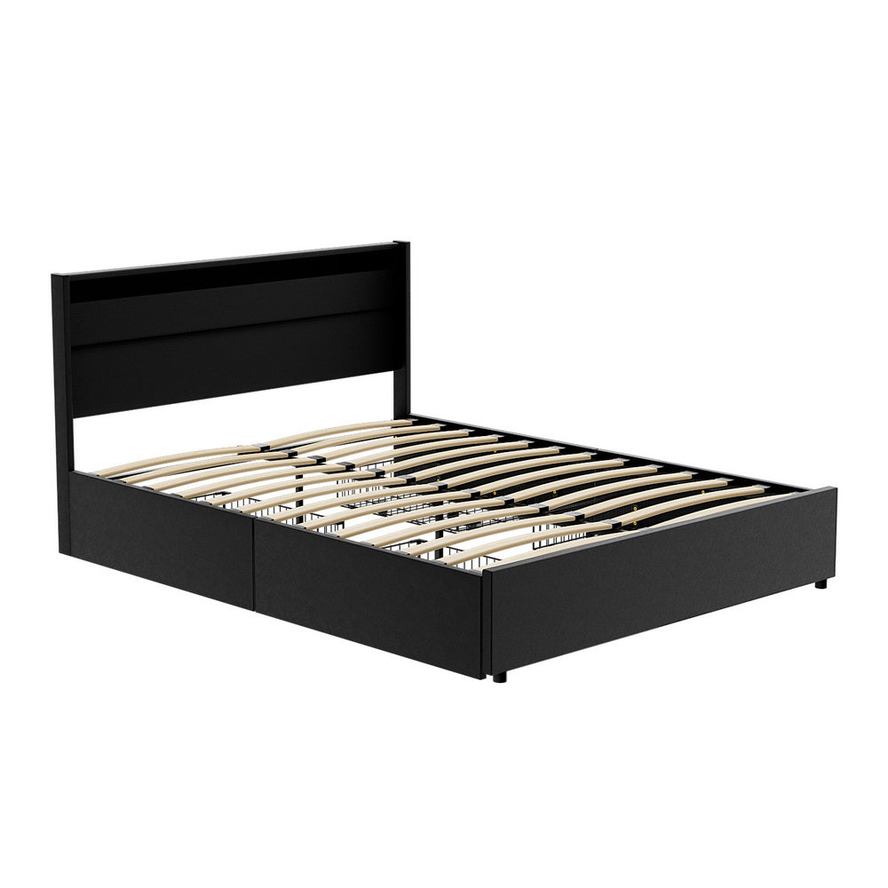Crafted Comforts  Bed Frame Queen Size LED with 4 Drawers Black DUNN