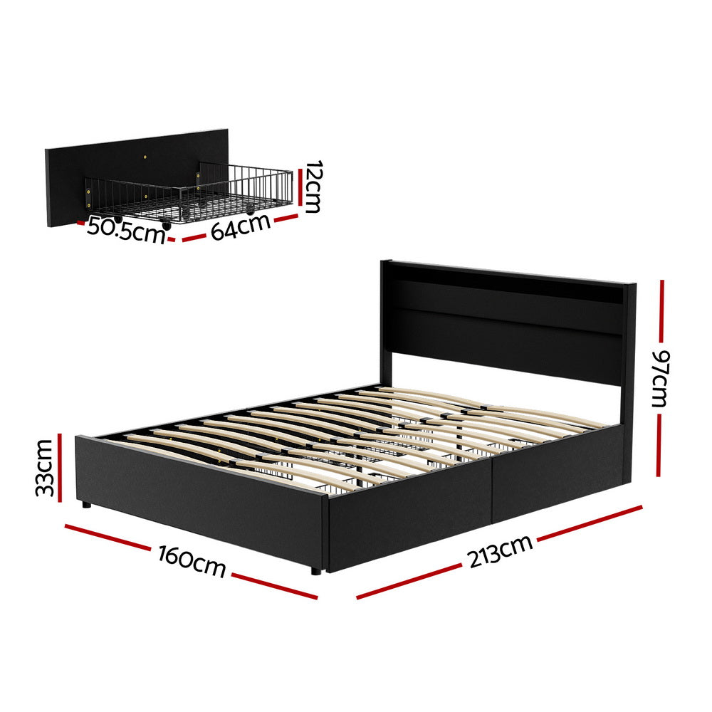 Crafted Comforts  Bed Frame Queen Size LED with 4 Drawers Black DUNN