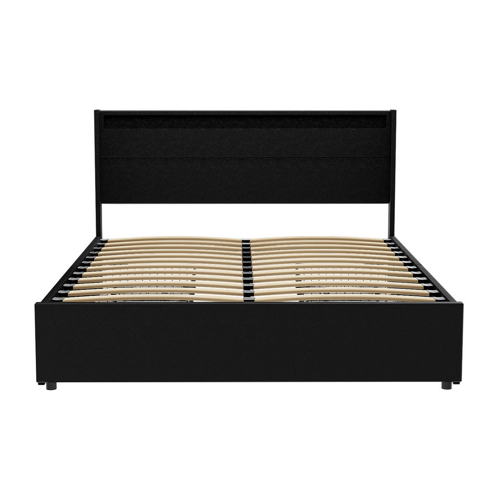Crafted Comforts  Bed Frame Queen Size LED with 4 Drawers Black DUNN