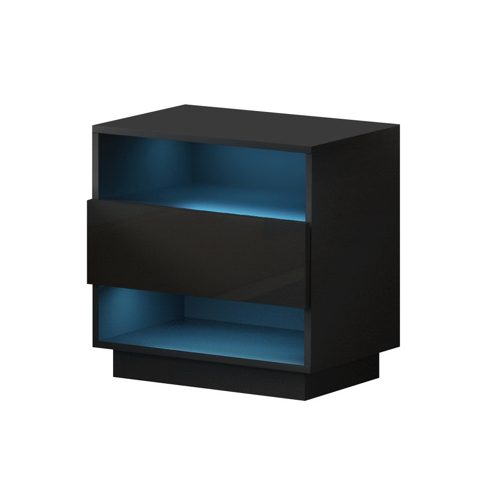 Crafted Comforts  Bedside Table LED with 2 Shelves - HANA Black