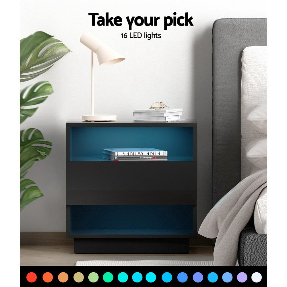 Crafted Comforts  Bedside Table LED with 2 Shelves - HANA Black