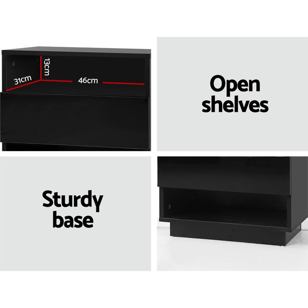 Crafted Comforts  Bedside Table LED with 2 Shelves - HANA Black