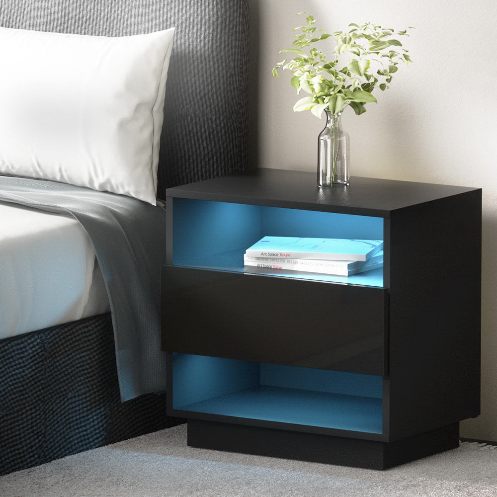 Crafted Comforts  Bedside Table LED with 2 Shelves - HANA Black