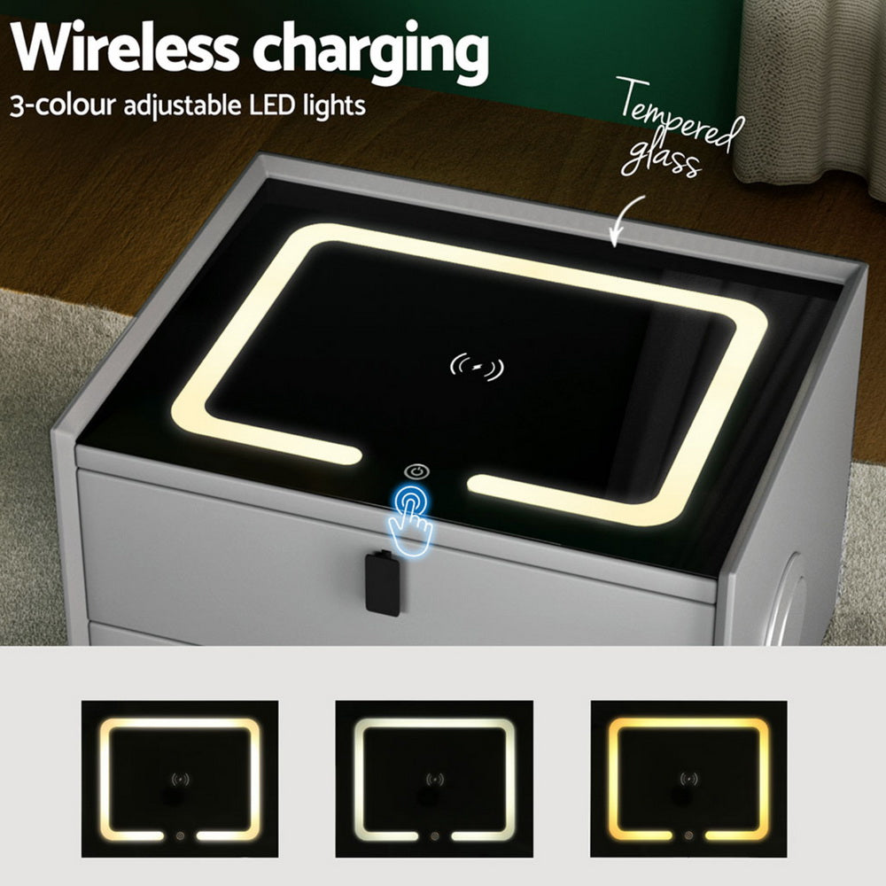 Crafted Comforts  Smart Bedside Table with Wireless Charging - AIKA Grey