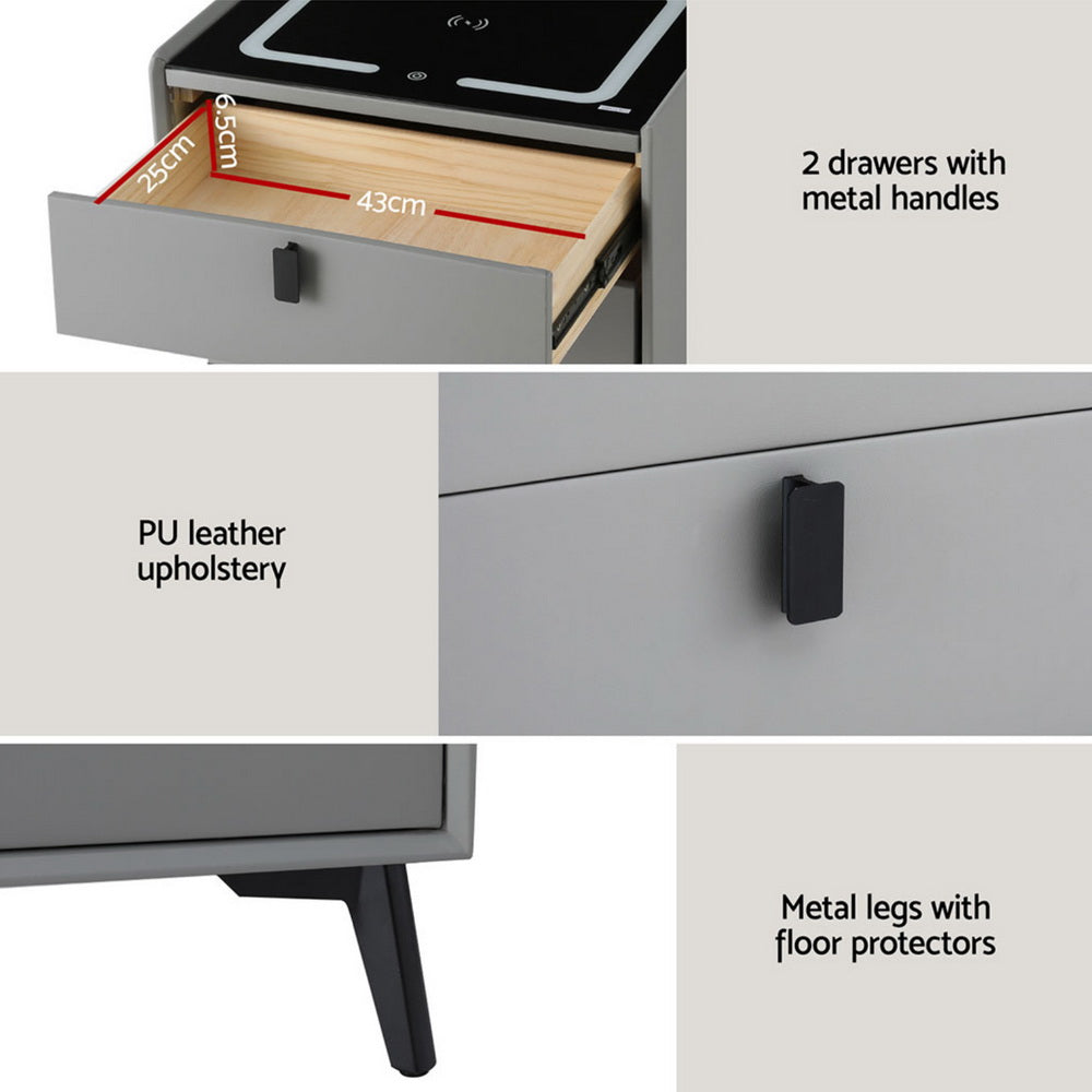 Crafted Comforts  Smart Bedside Table with Wireless Charging - AIKA Grey
