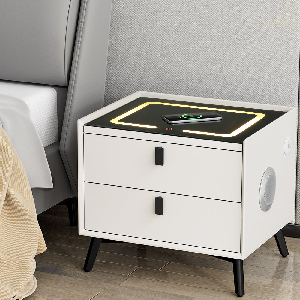 Crafted Comforts  Smart Bedside Table 2 Drawers with Wireless Charging Ports LED White AIKA