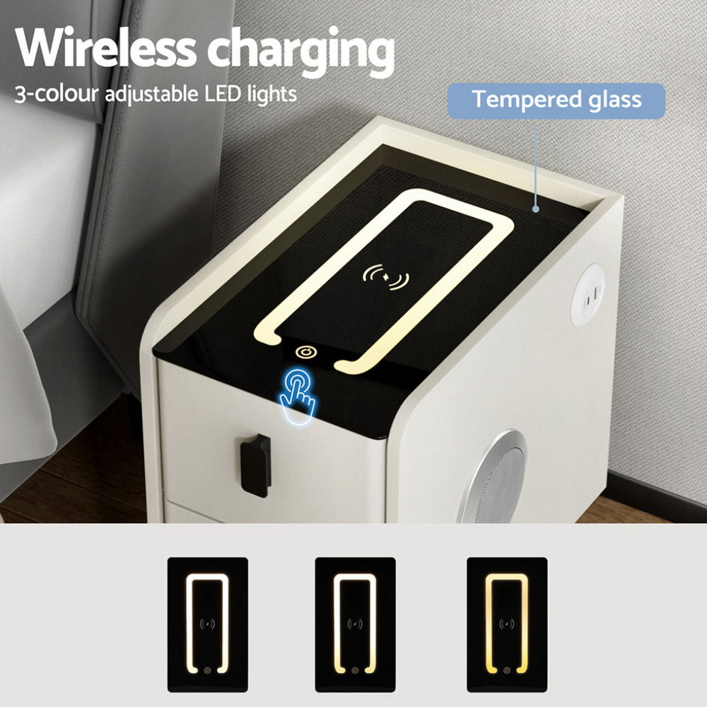 Crafted Comforts  Smart Bedside Table with Wireless Charging - AIDA White