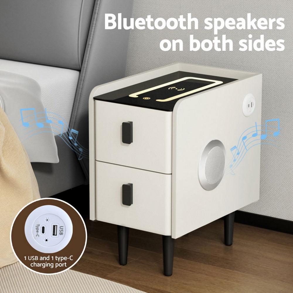 Crafted Comforts  Smart Bedside Table with Wireless Charging - AIDA White