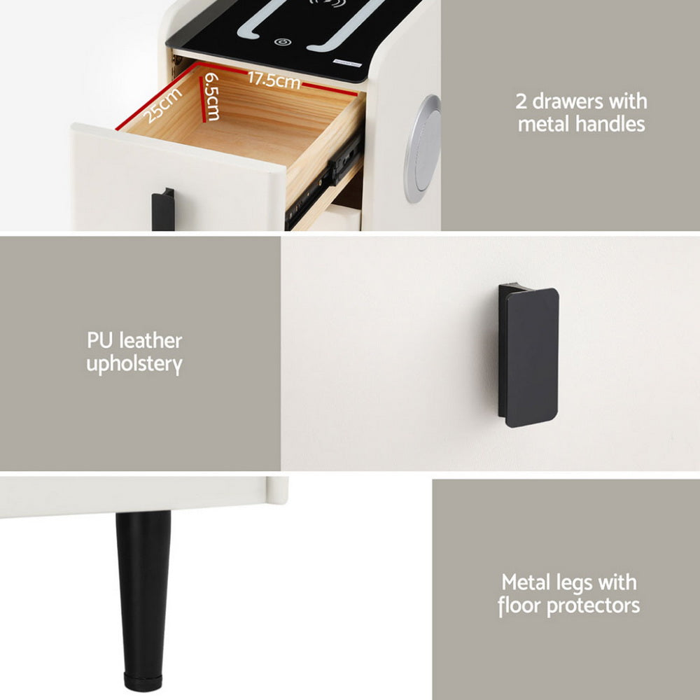 Crafted Comforts  Smart Bedside Table with Wireless Charging - AIDA White