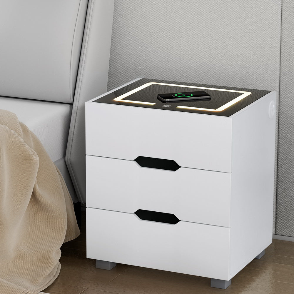 Crafted Comforts  Smart Bedside Table 3 Drawers with Wireless Charging Ports LED White ADAD