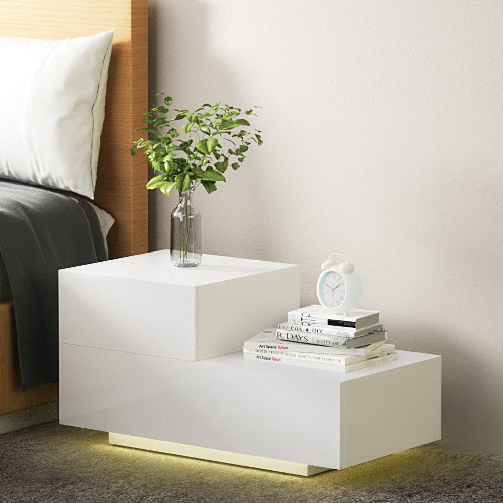 Crafted Comforts  Bedside Tables LED 2 Drawers - REMI White