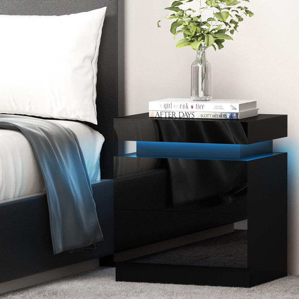 Crafted Comforts  Bedside Table LED 2 Drawers Lift-up Storage - COLEY Black