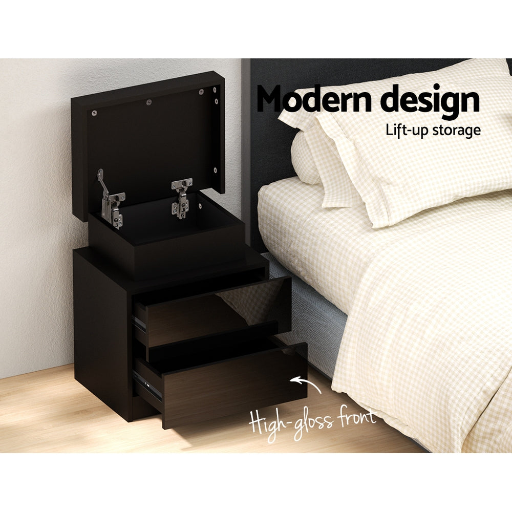 Crafted Comforts  Bedside Table LED 2 Drawers Lift-up Storage - COLEY Black