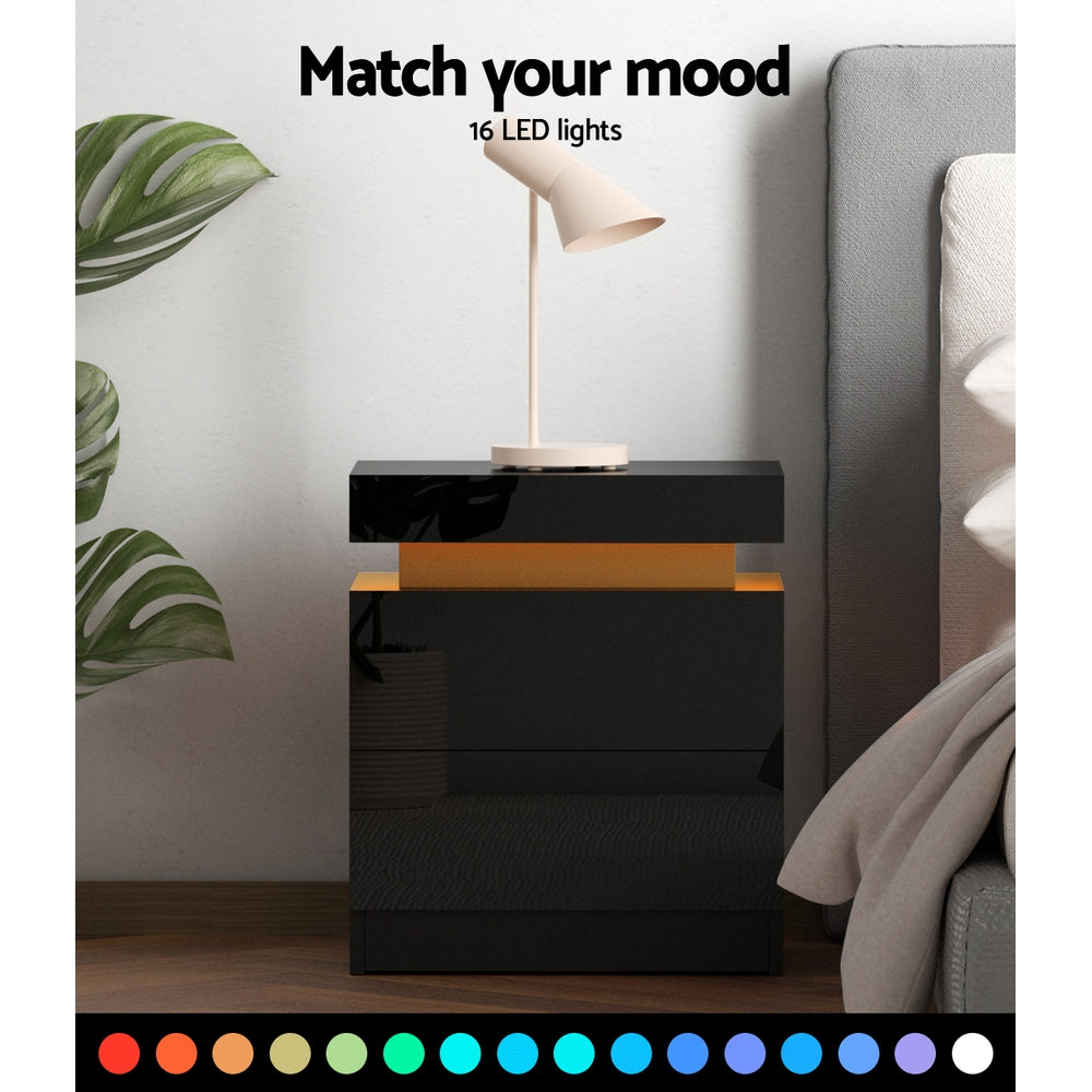 Crafted Comforts  Bedside Table LED 2 Drawers Lift-up Storage - COLEY Black