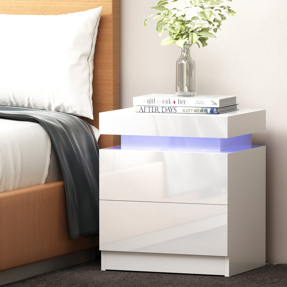 Crafted Comforts  Bedside Table LED 2 Drawers Lift-up Storage - COLEY White